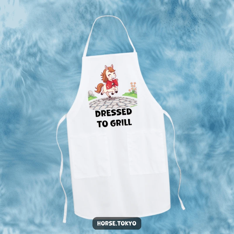 Funny joyful horse in a red kimono, prancing on a cobblestone path, on a durable apron for stylish cooks.