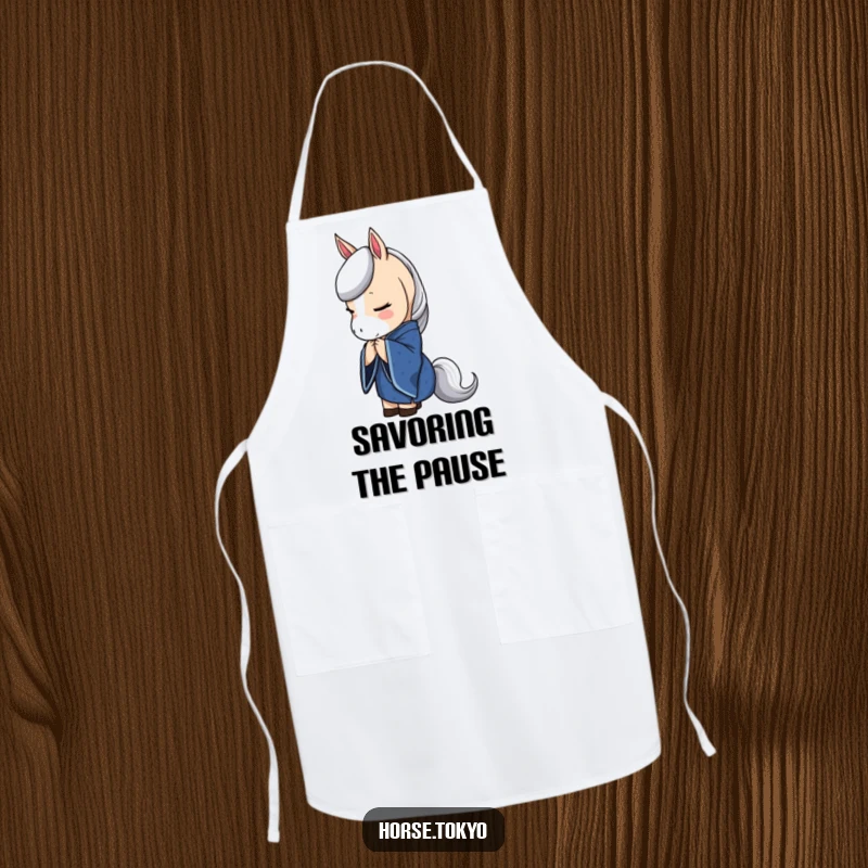 Funny horse character in a deep blue kimono, bowing elegantly, while wearing a stylish apron for culinary grace.