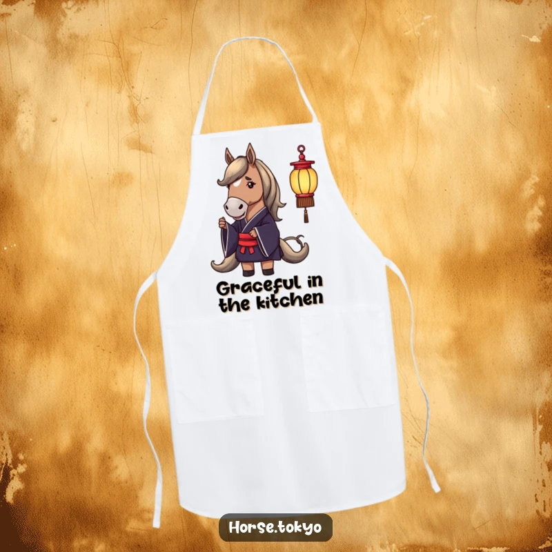 Funny apron showing a dignified horse in a dark silk kimono holding a delicate lantern, perfect for kitchen duties.