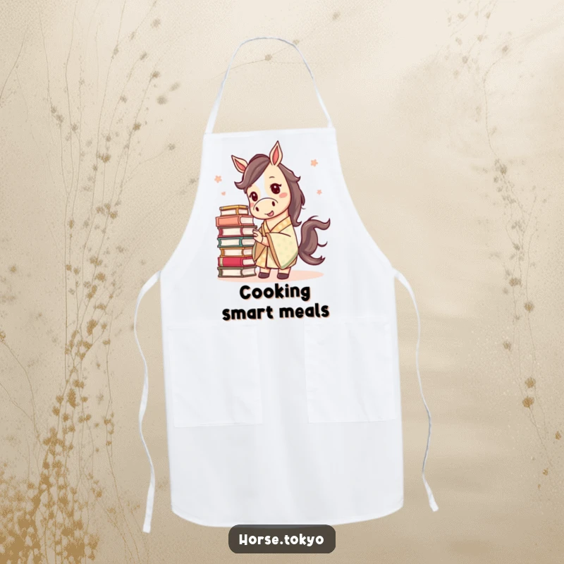 Funny mischievous horse in a patterned kimono, balancing a stack of books, on a durable apron for culinary scholars.