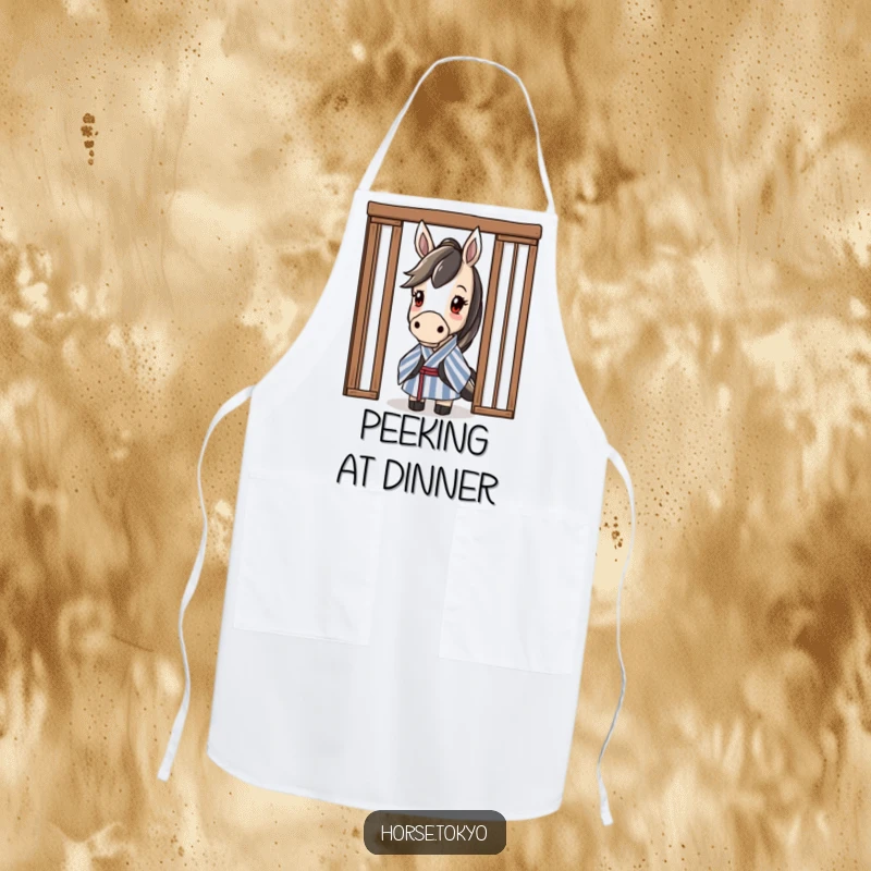 Funny curious horse character in a striped kimono, peeking from behind a sliding door, while wearing an apron.