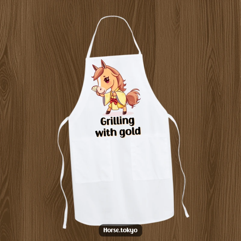 Funny stylish horse character in a golden kimono, striking a playful pose with a fan, while wearing an apron.