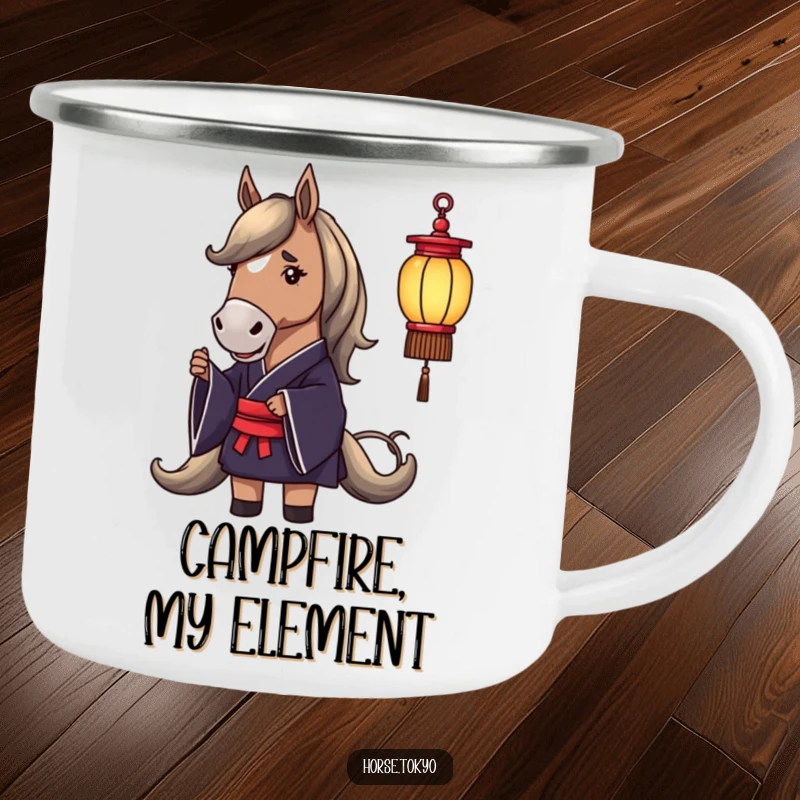 Funny camping mug: dignified horse in a dark silk kimono holding a delicate lantern, perfect for rugged use.