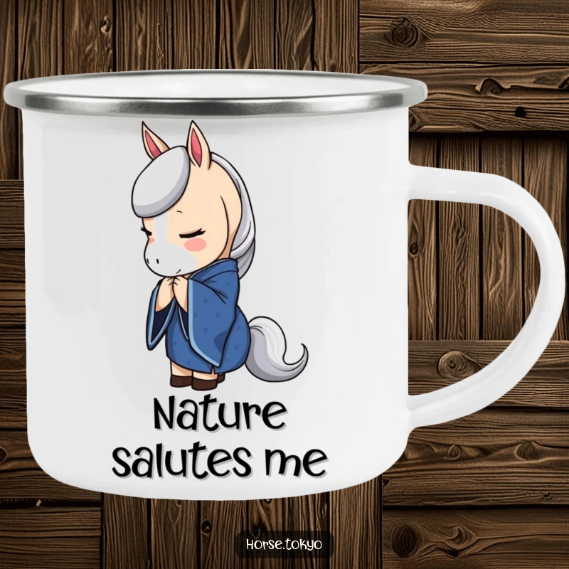 Funny horse character in a deep blue kimono, bowing elegantly, on a durable camping mug for serene adventures.
