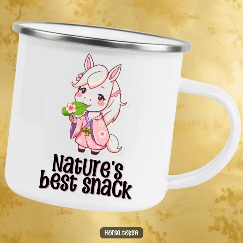 Funny happy horse character in a cherry blossom kimono, munching a leaf, on a durable camping mug for happy adventures.