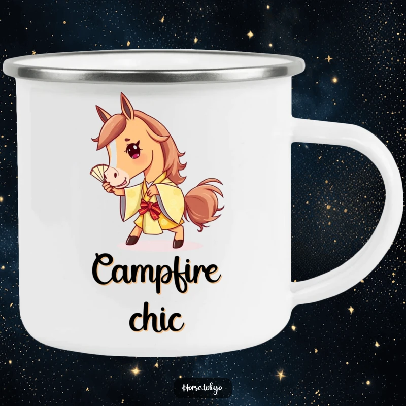 Funny stylish horse character in a golden kimono, striking a playful pose with a fan, on a durable camping mug.