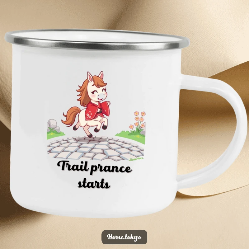 Funny joyful horse in a red kimono, prancing on a cobblestone path, on a rugged camping mug.