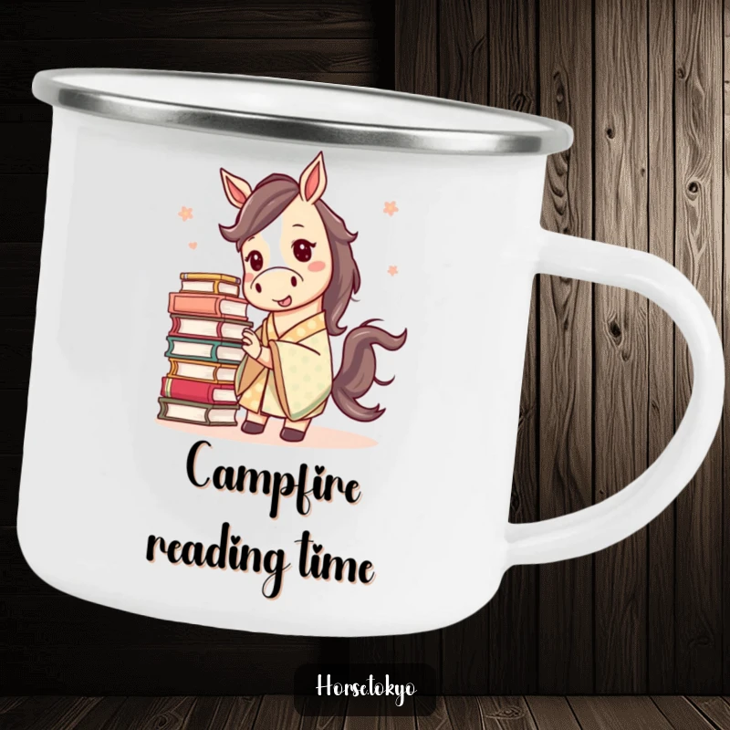 Funny mischievous horse in a patterned kimono, balancing a stack of books, on a rugged camping mug.