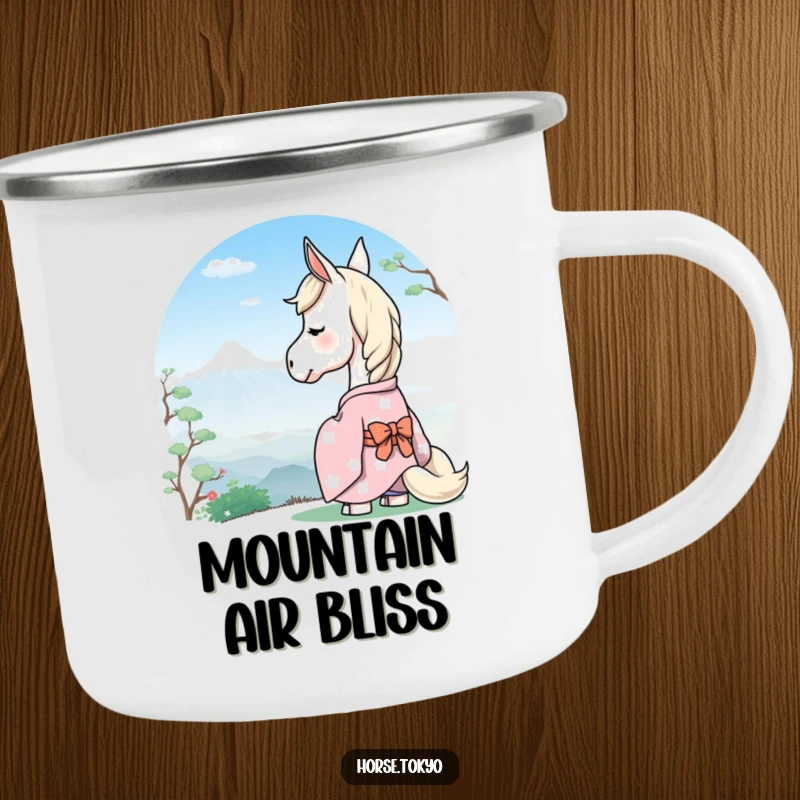 Funny serene horse in a pastel kimono, gazing at a distant mountain, on a rugged camping mug.