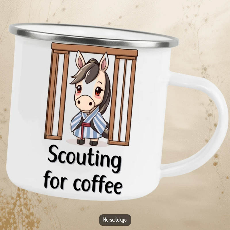 Funny curious horse character in a striped kimono, peeking from behind a sliding door, on a durable camping mug.