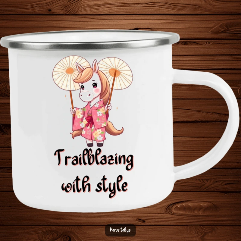 Funny horse character in a vibrant floral kimono, twirling a parasol, on a durable camping mug for outdoor fun.