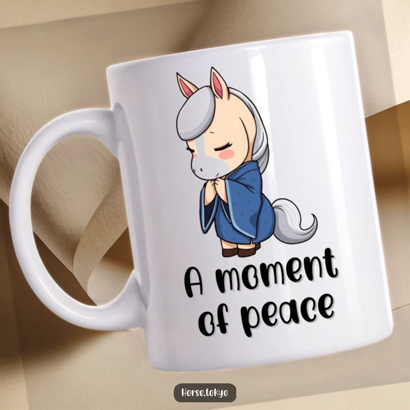 Funny horse character in a deep blue kimono bowing elegantly, exuding grace and a peaceful, sophisticated aura.