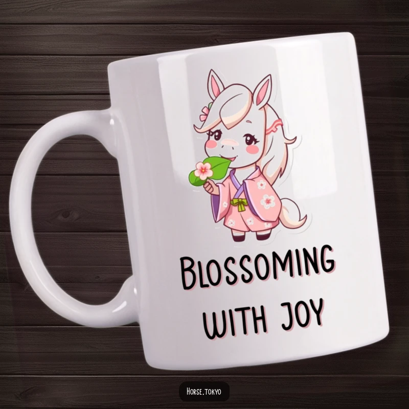 Funny happy horse character in a cherry blossom kimono, contentedly munching on a green leaf, exuding pure joy.