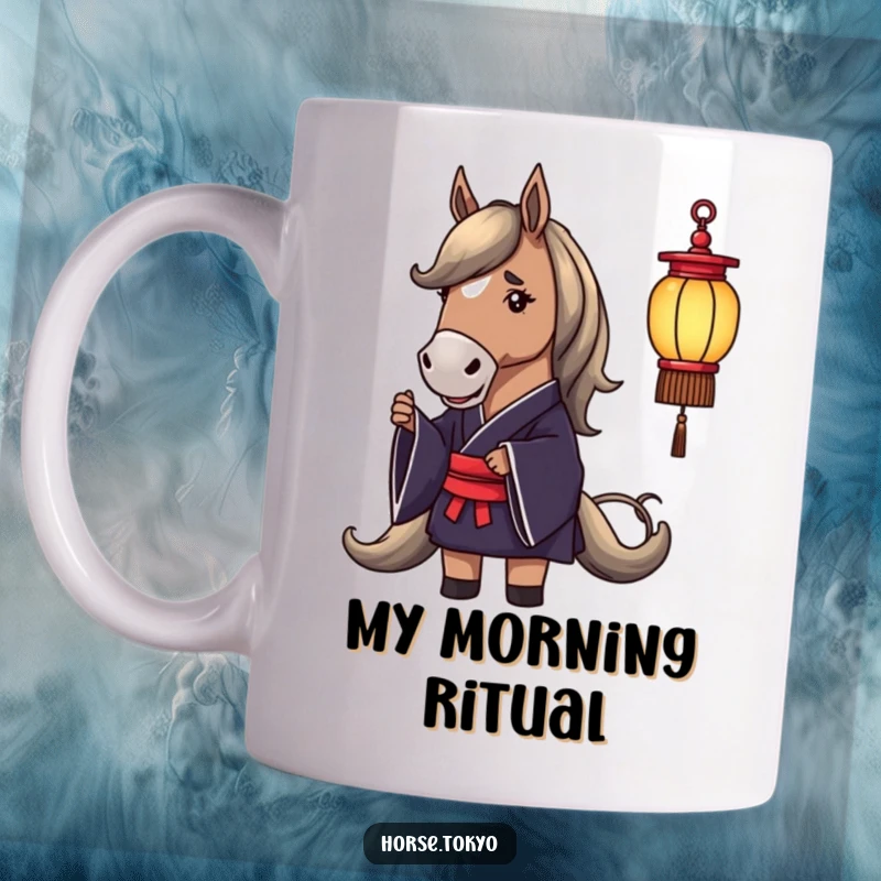Funny mug featuring a dignified horse in a dark silk kimono, holding a delicate lantern with serene expression.
