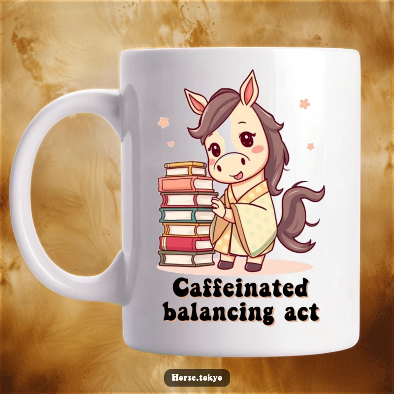 Funny mischievous horse character in a patterned kimono, precariously balancing a tall stack of books, printed on a mug.