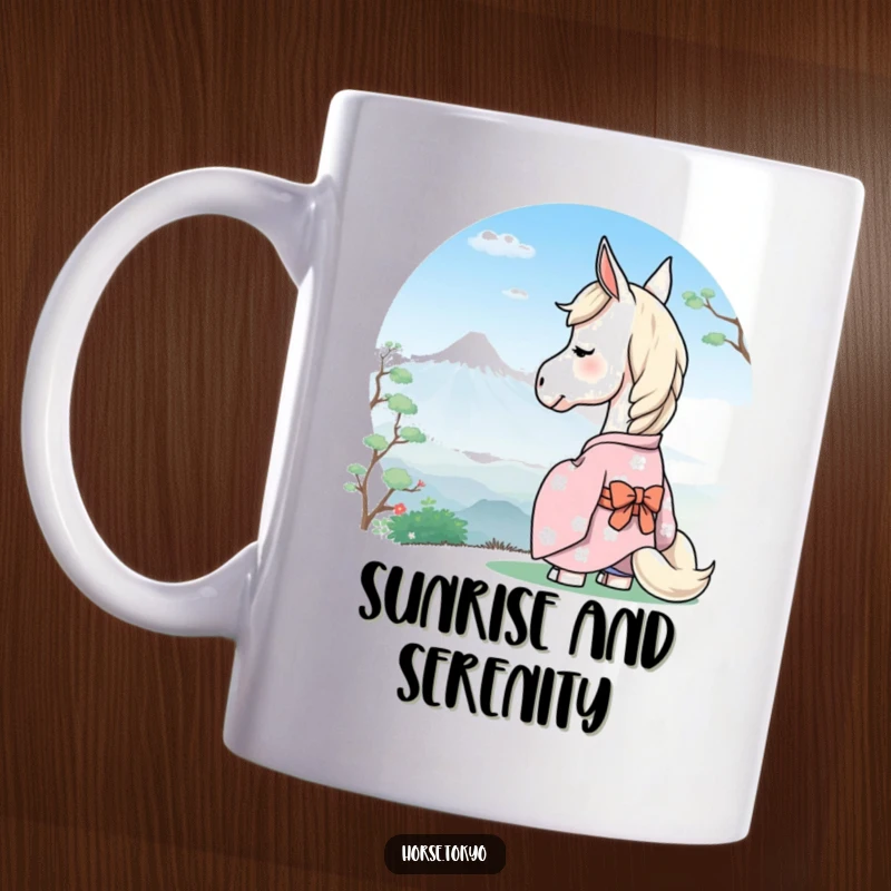 Funny serene horse character in a pastel kimono, gazing peacefully at a distant mountain, printed on a mug.
