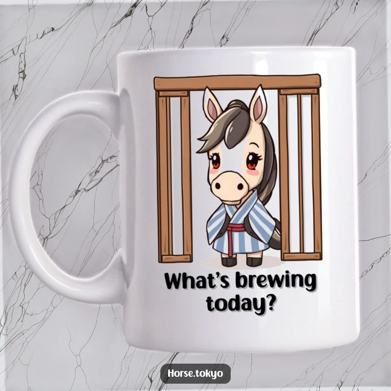 Funny curious horse character in a striped kimono, peeking from behind a sliding door, with an expression of wonder.