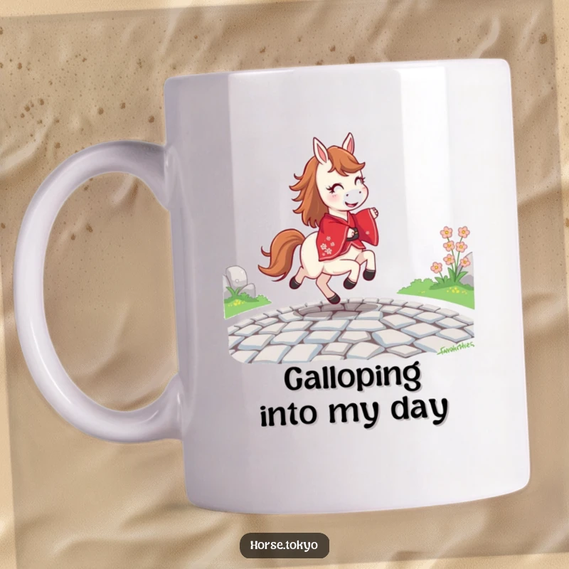 Funny joyful horse character in a vibrant red kimono, prancing happily on a cobblestone path, printed on a mug.