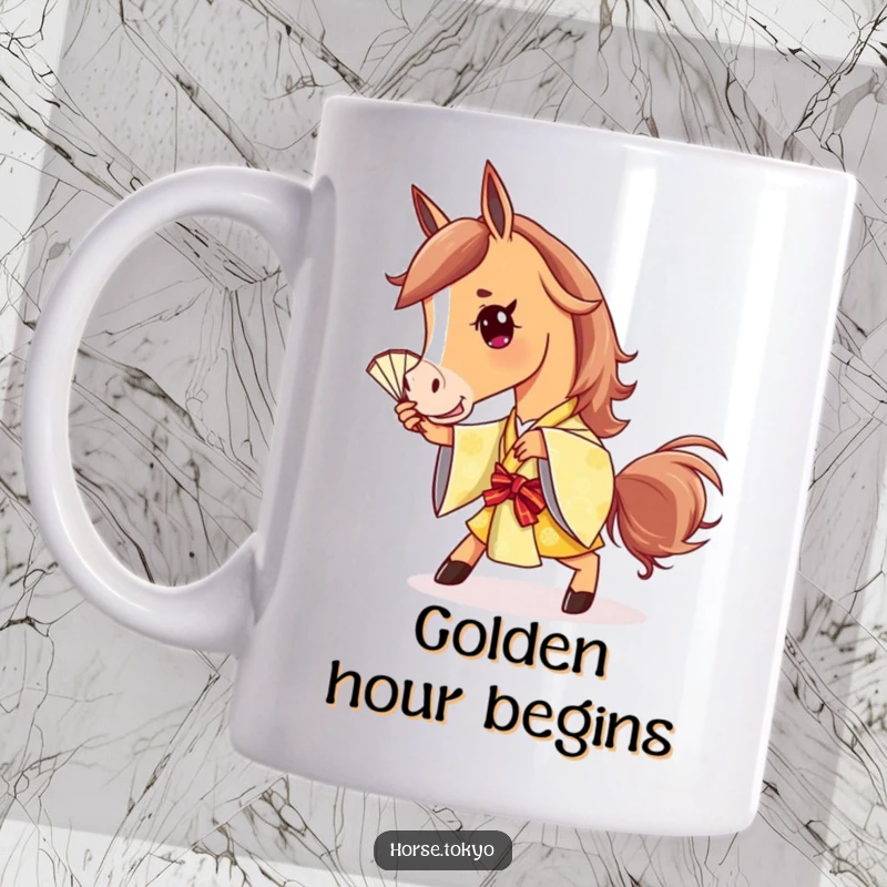 Funny stylish horse character in a golden kimono, striking a playful pose with a fan, radiating confidence and charm.