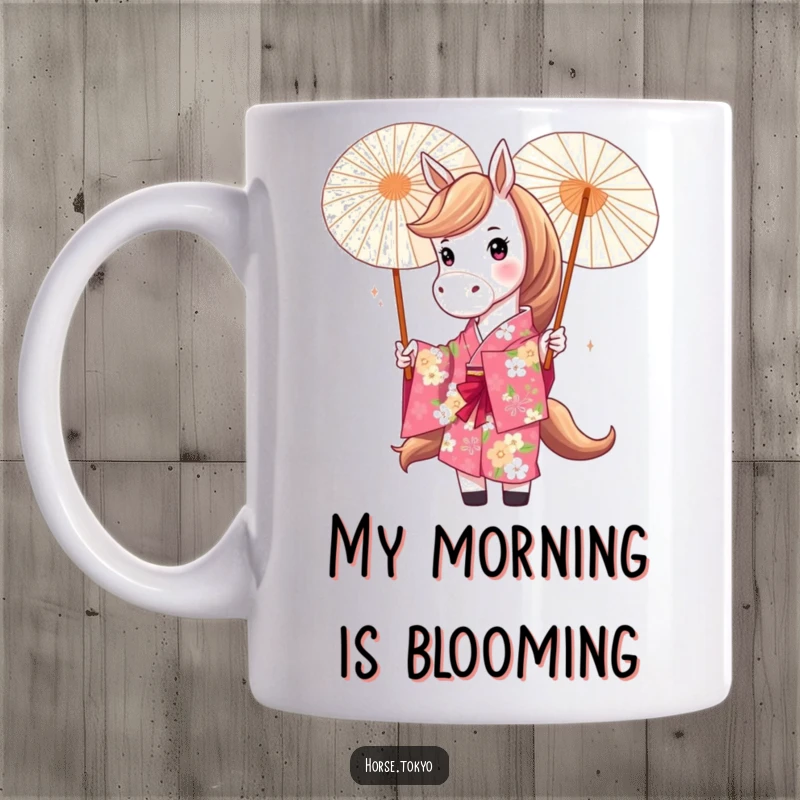 Funny floral kimono horse character joyfully twirling a parasol, showcasing playful elegance and a vibrant, cheerful personality.