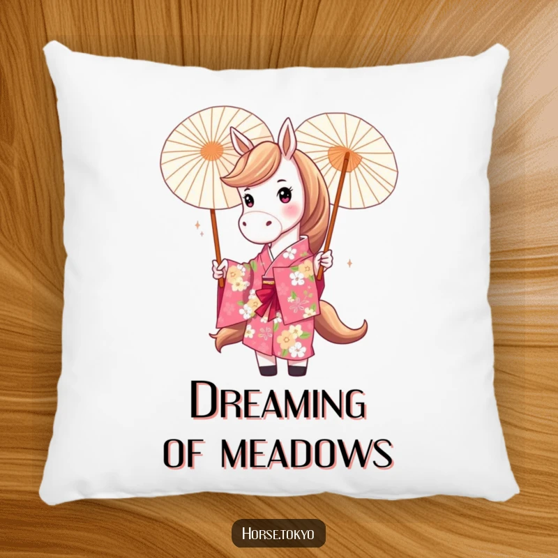 Funny floral kimono horse character playfully twirling a parasol on a soft pillow, adding whimsical comfort.