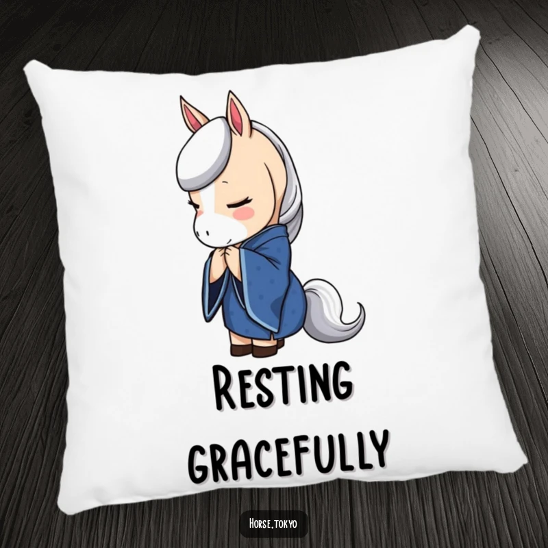Funny horse character in a deep blue kimono, bowing elegantly, on a soft pillow for refined comfort.