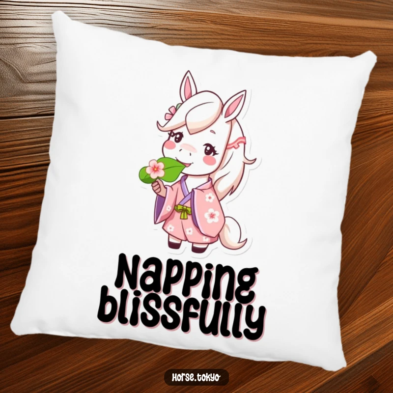 Funny happy horse character in a cherry blossom kimono, munching a leaf, on a soft pillow for cozy joy.