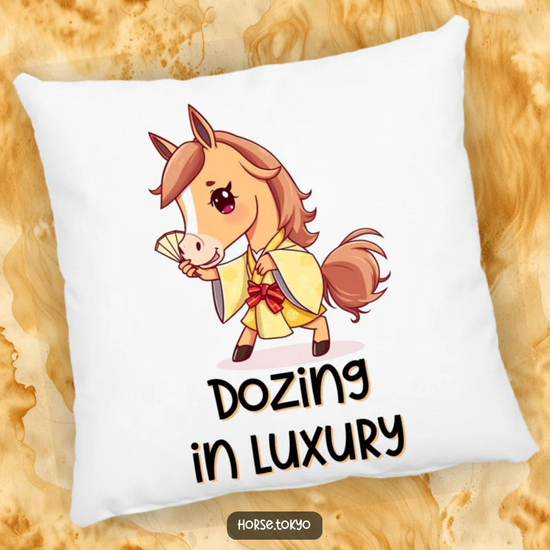 Funny stylish horse character in a golden kimono, striking a playful pose with a fan, on a soft pillow.