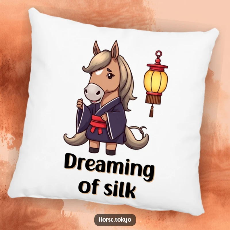 Funny pillow with a dignified horse in a dark silk kimono holding a delicate lantern, offering decor and comfort.