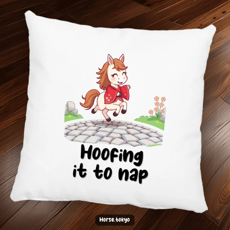 Funny joyful horse in a red kimono, prancing on a cobblestone path, printed on a soft pillow.