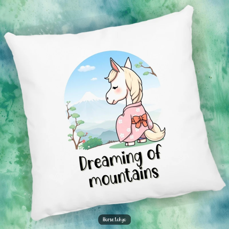 Funny serene horse in a pastel kimono, gazing at a distant mountain, printed on a soft pillow.