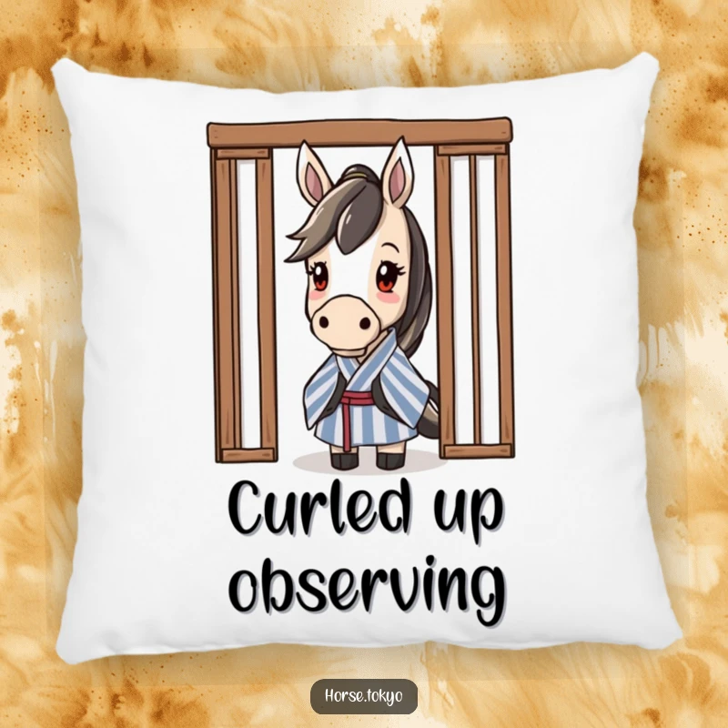 Funny curious horse character in a striped kimono, peeking from behind a sliding door, on a soft pillow.