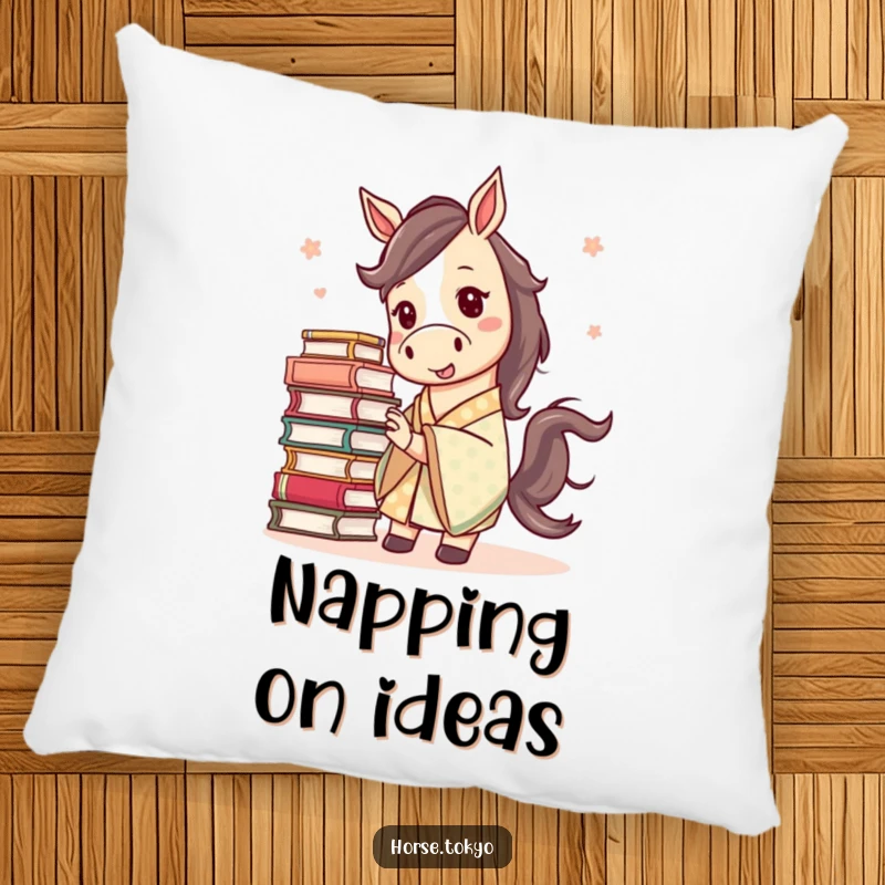 Funny mischievous horse in a patterned kimono, balancing a stack of books, printed on a soft pillow.