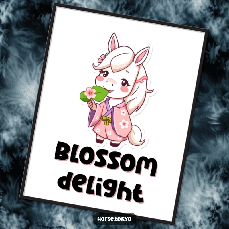 Funny happy horse character in a cherry blossom kimono, munching a leaf, as a downloadable digital art print.