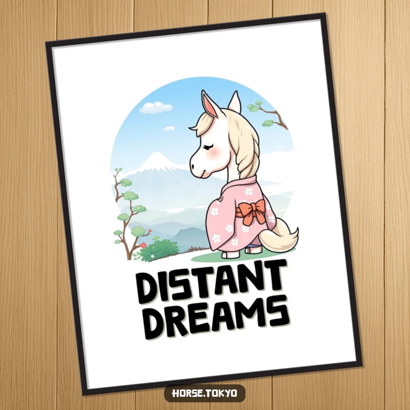 Funny serene horse in a pastel kimono, gazing at a distant mountain, as high-resolution digital art for peaceful decor.