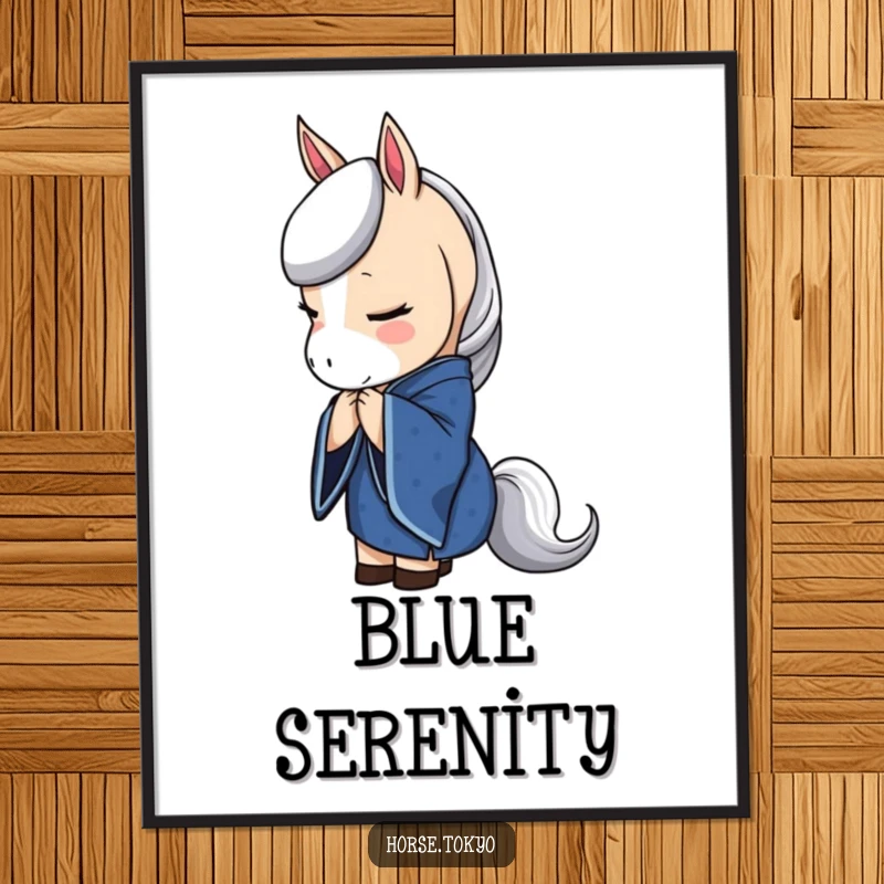 Funny horse character in a deep blue kimono, bowing elegantly, as a downloadable digital art print.