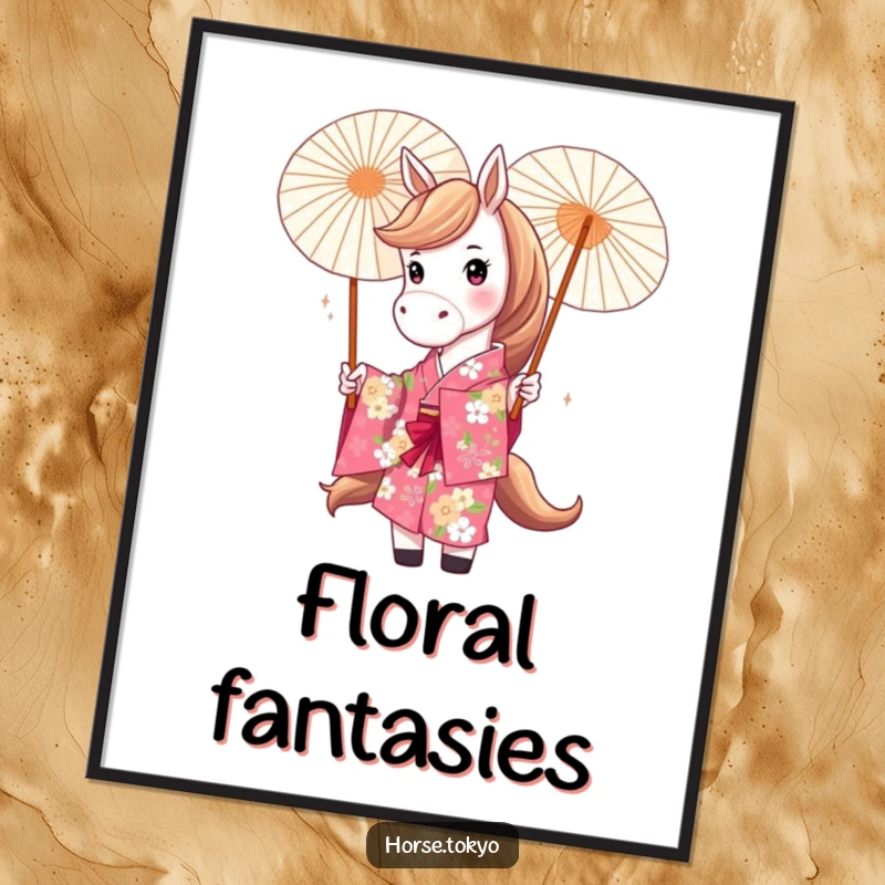 Funny horse character in a vibrant floral kimono, playfully twirling a parasol, as a downloadable digital art print.