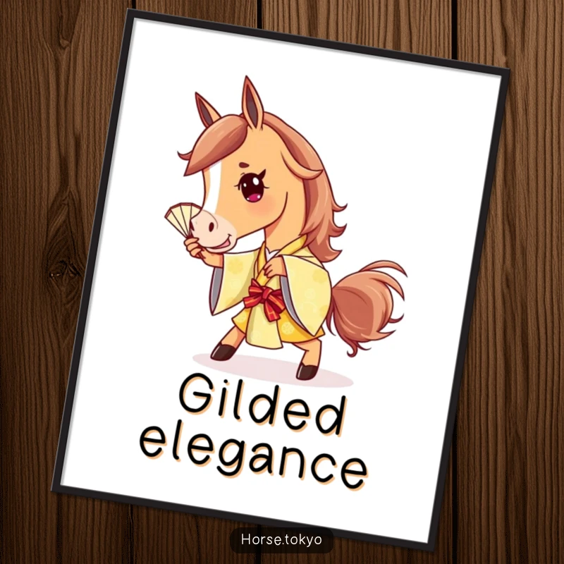 Funny stylish horse character in a golden kimono, striking a playful pose with a fan, as a downloadable digital art print.