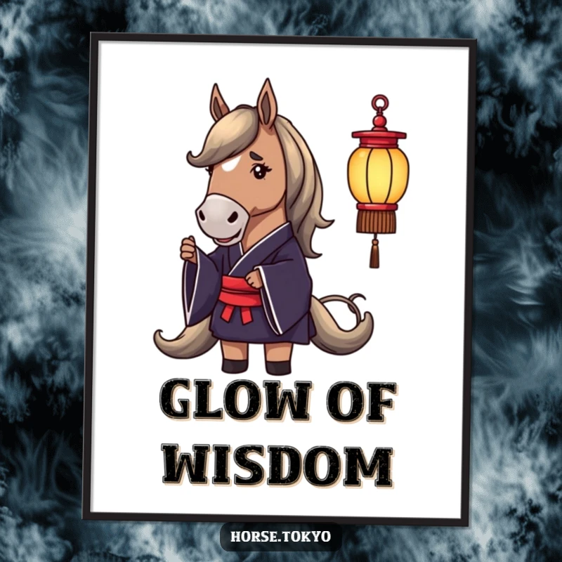 Funny digital art print of a dignified horse in a dark silk kimono holding a delicate lantern, for wall decor.