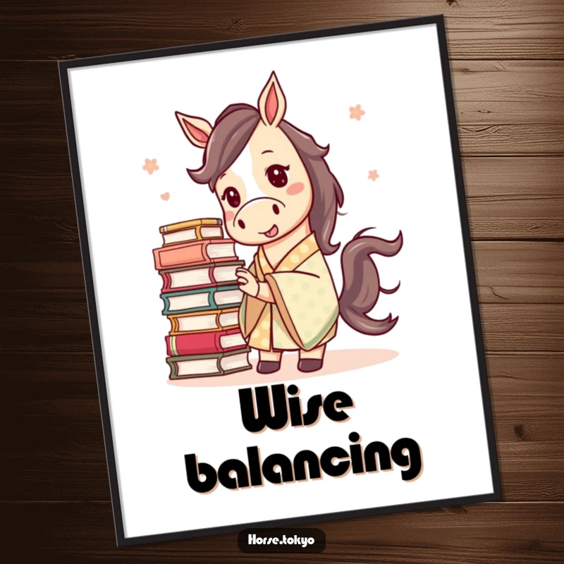 Funny mischievous horse in a patterned kimono, balancing a stack of books, as high-resolution digital art for witty decor.