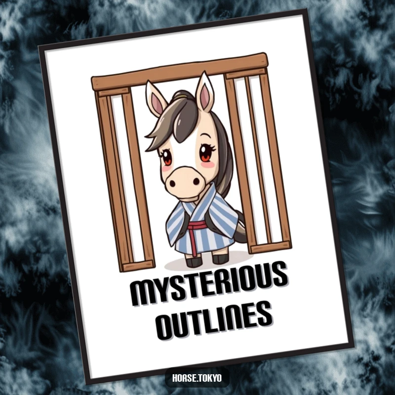 Funny curious horse character in a striped kimono, peeking from behind a sliding door, as a downloadable digital art print.