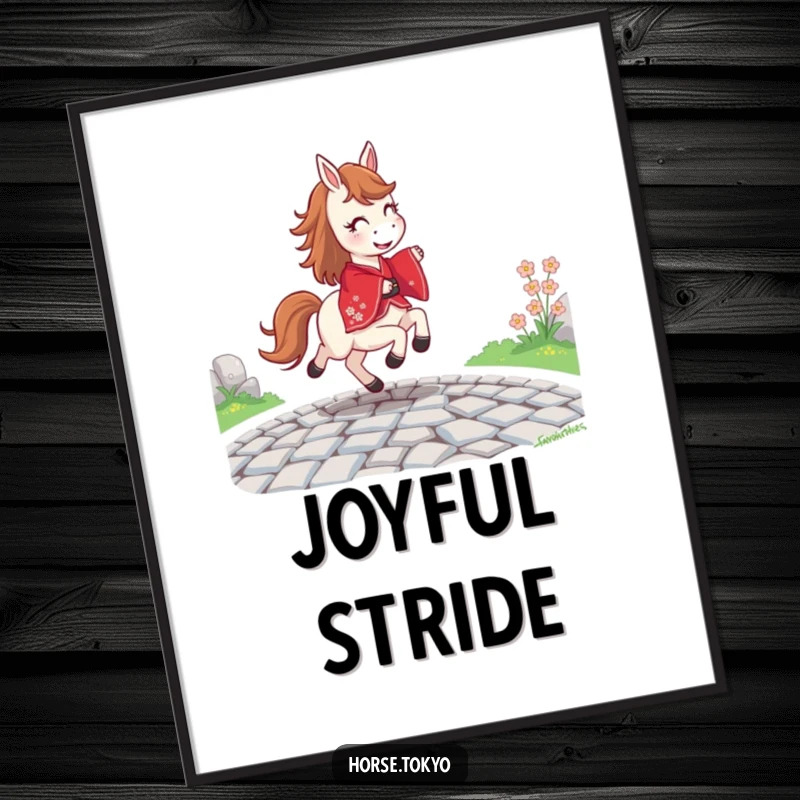 Funny joyful horse in a red kimono, prancing on a cobblestone path, as high-resolution digital art for cheerful decor.