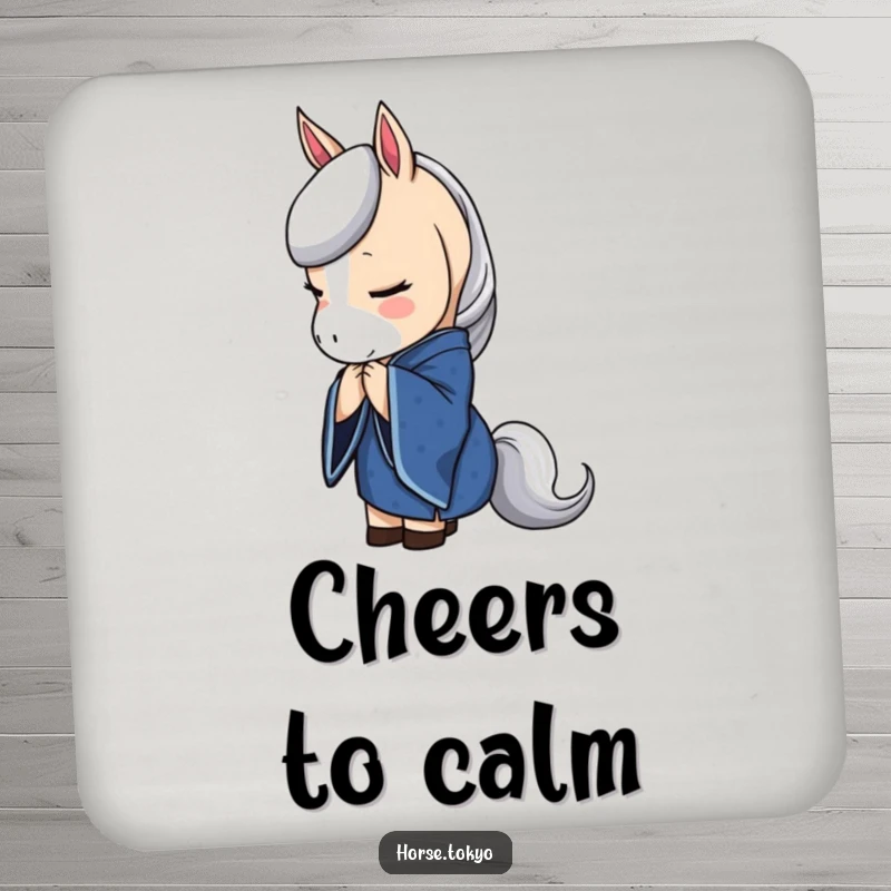 Funny horse coaster featuring a character in a deep blue kimono bowing elegantly, adding a touch of refined charm.