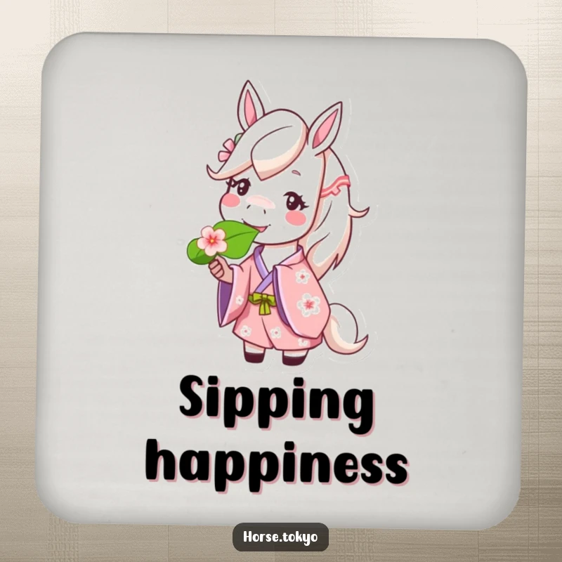 Funny horse coaster featuring a happy character in a cherry blossom kimono munching a leaf, adding cheerful charm.