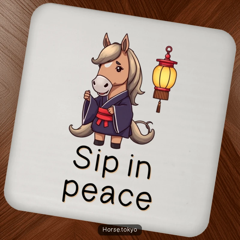 Funny coaster with a dignified horse in a dark silk kimono holding a delicate lantern, protecting surfaces.