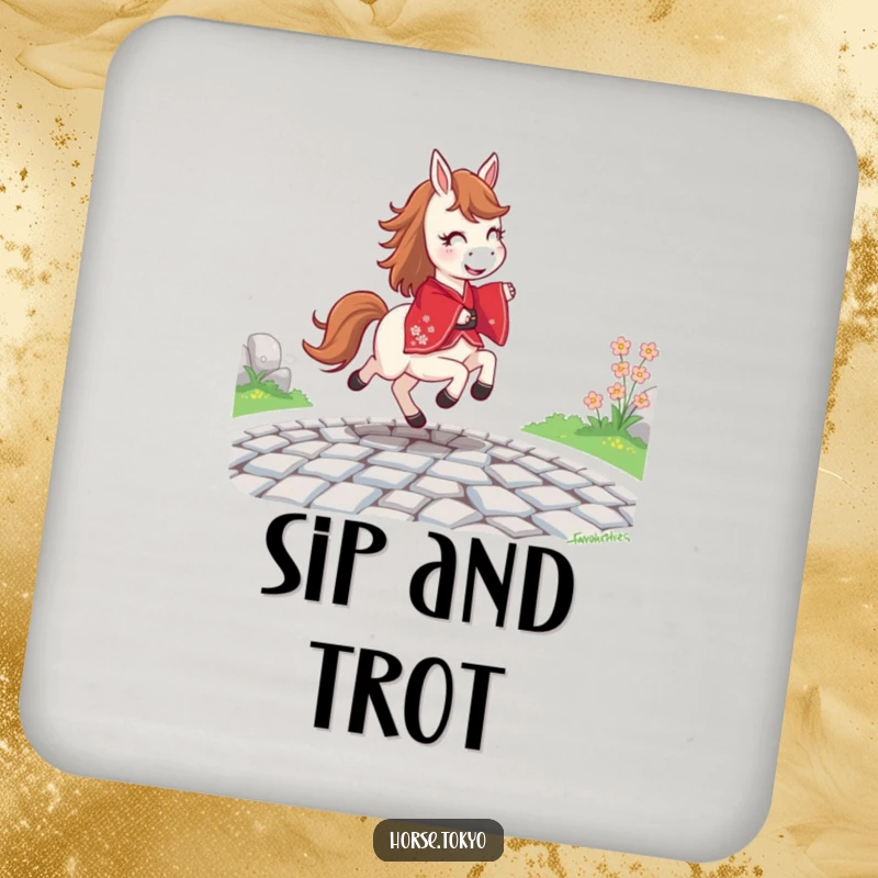 Funny joyful horse in a red kimono, prancing on a cobblestone path, on a coaster for elegant sipping.