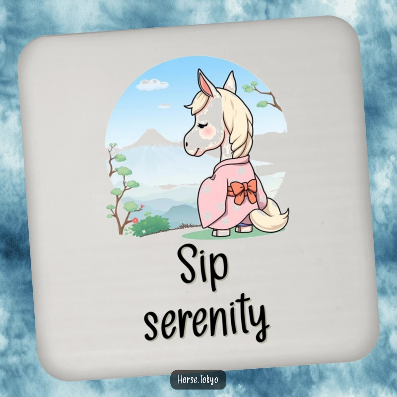 Funny serene horse in a pastel kimono, gazing at a distant mountain, on a coaster for peaceful sipping.