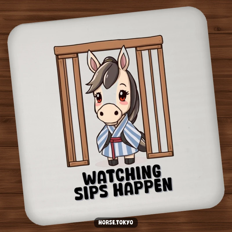 Funny horse coaster featuring a curious character in a striped kimono peeking from behind a sliding door.