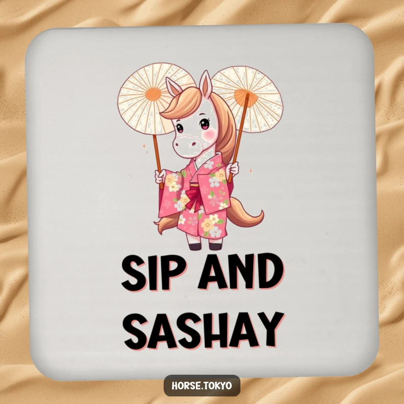 Funny horse coaster featuring a playful character in a vibrant floral kimono twirling a parasol, adding whimsical flair.