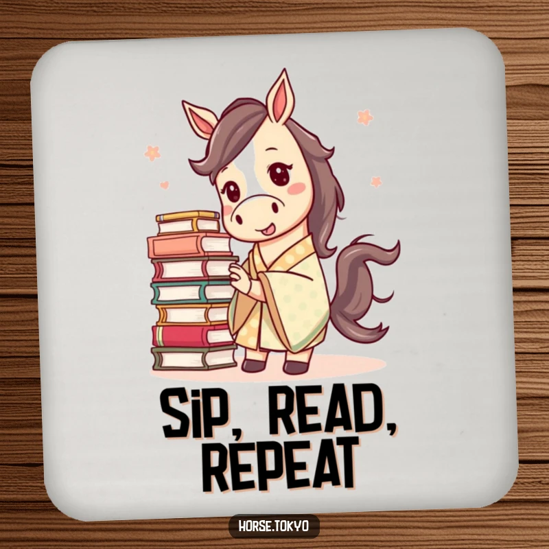 Funny mischievous horse in a patterned kimono, balancing a stack of books, on a coaster for bookish sips.